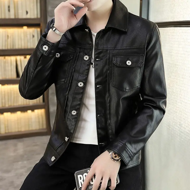 Men Winter Leather Jacket with Fleece Thickening Autumn Winter Men's Pu Leather Jacket Slim High-end Simple and Cool Men's Coat