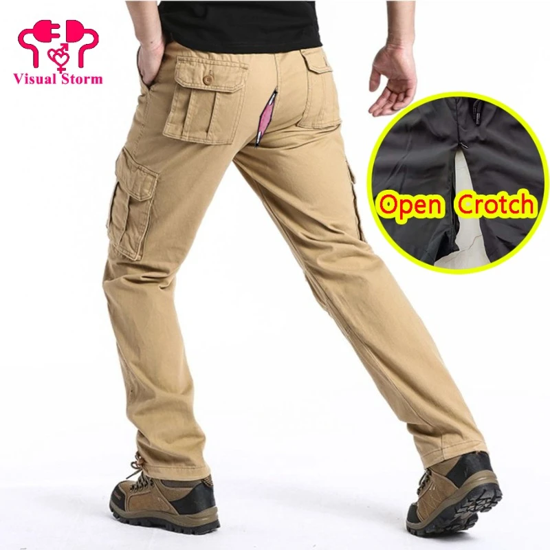 Men Open Crotch Cargo Pants Hidden Zipper Loose Fit Straight Outdoor Crotchless Work Long Trousers Autumn Solid Panties