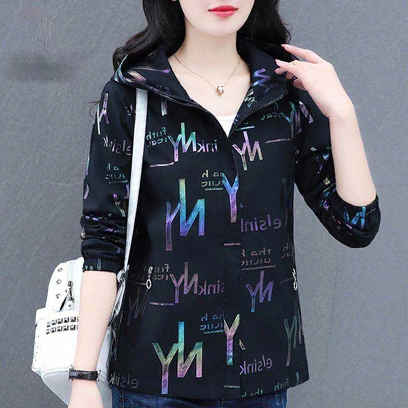 Fashion Zipper Pockets PrintedLetter Hooded Coats Women's Clothing 2023 Autumn Winter Loose All-match Tops Casual Jackets