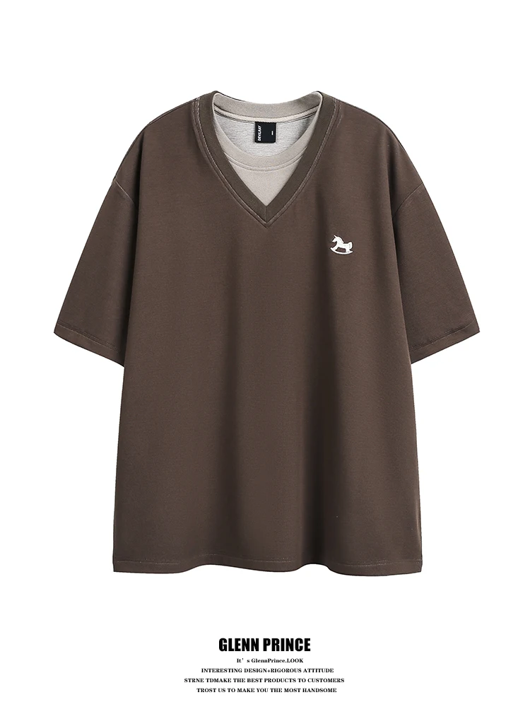 

Loose Fit Short Sleeve T-Shirt for Men Summer Breathable Comfortable Cotton Embroidered Pattern Vintage Style Tee