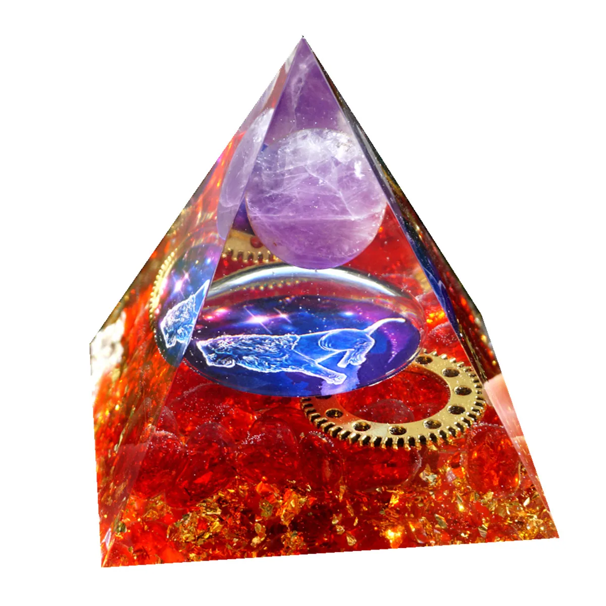 Amethyst Sphere Orgonite Pyramid with Red Quartz LEO Constellation Gear Wheel EMF Protection Orgone Pyramid Crystal Healing