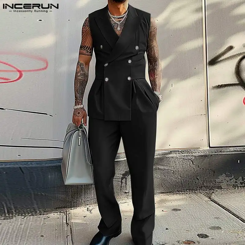 INCERUN Men Jumpsuits Lapel Collar Sleeveless Double Breasted Elegant Blazer Suit Long Pants Rompers Male One Piece Overalls