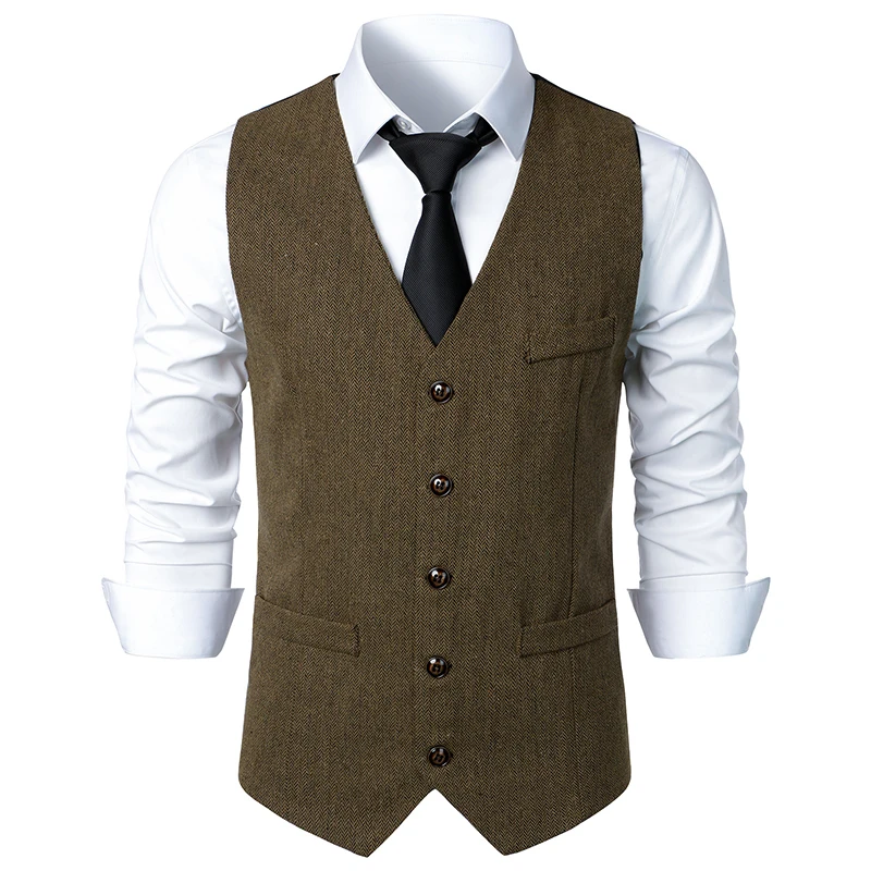 Mens Vest Slim Fit Sleeveless Wool Tweed Waistcoat Men Double Breasted Herringbone Tweed Vest Men Business Casual Gilet Men XXL