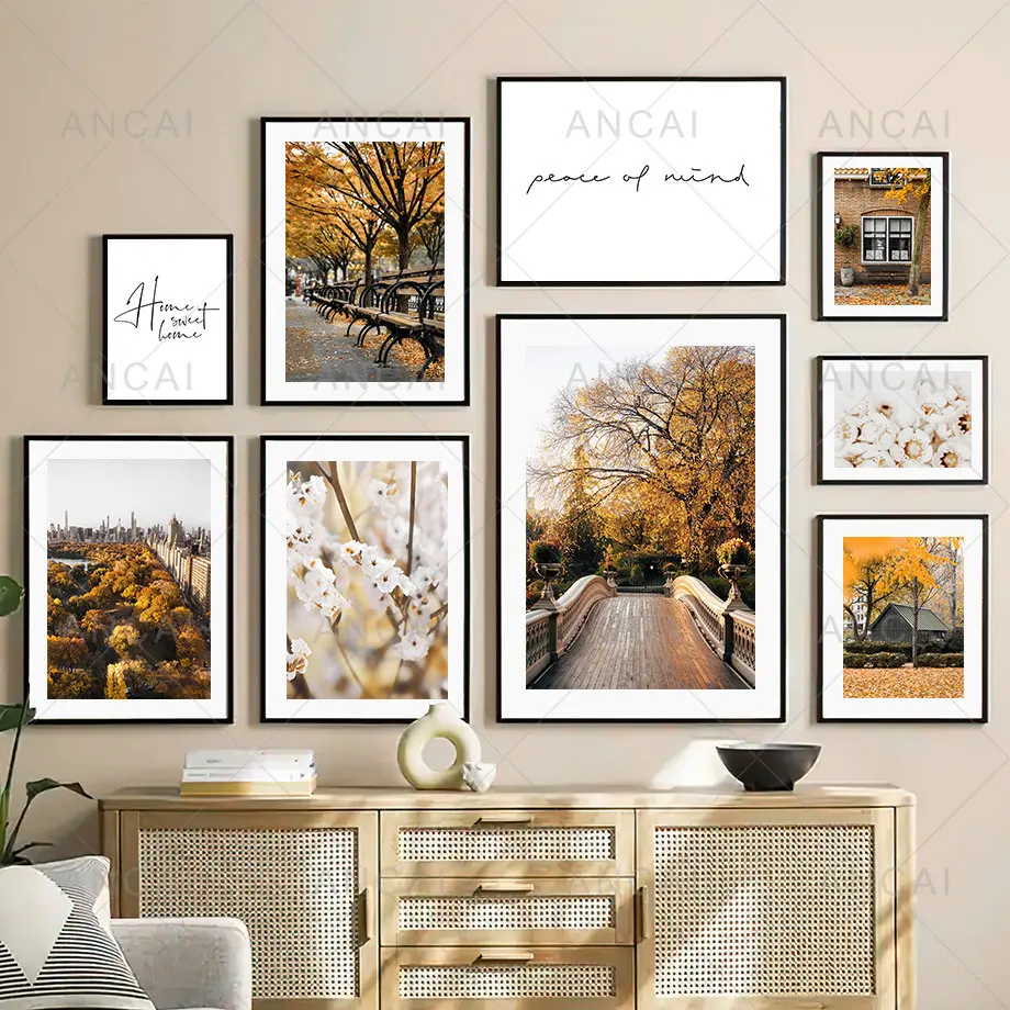 Autumn Landscape Bridge Windows House Wall Art Canvas Painting Nordic Poster and Print Wall Pictures for Living Room Decoration