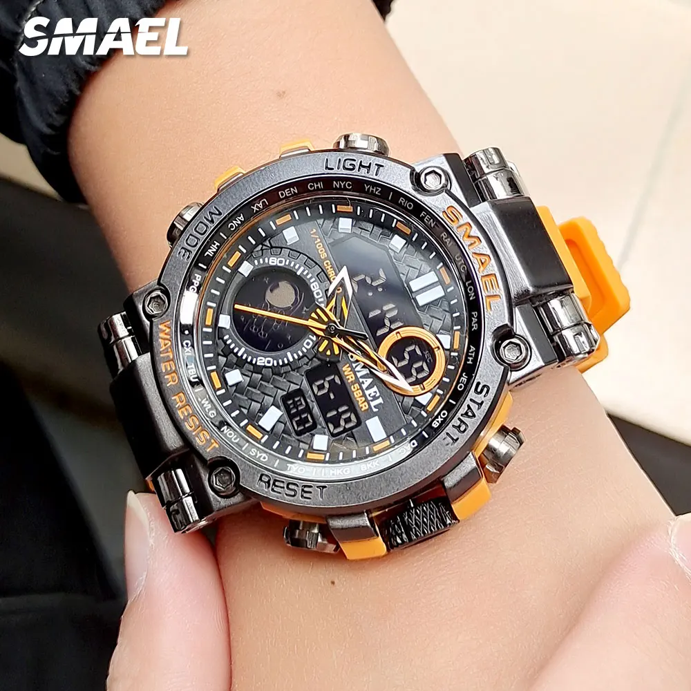 SMAEL Yellow Watch for Men Electronic Digital Sport Wristwatch with Chronograph Dual Time Display Auto Date Week Alarm 1803B