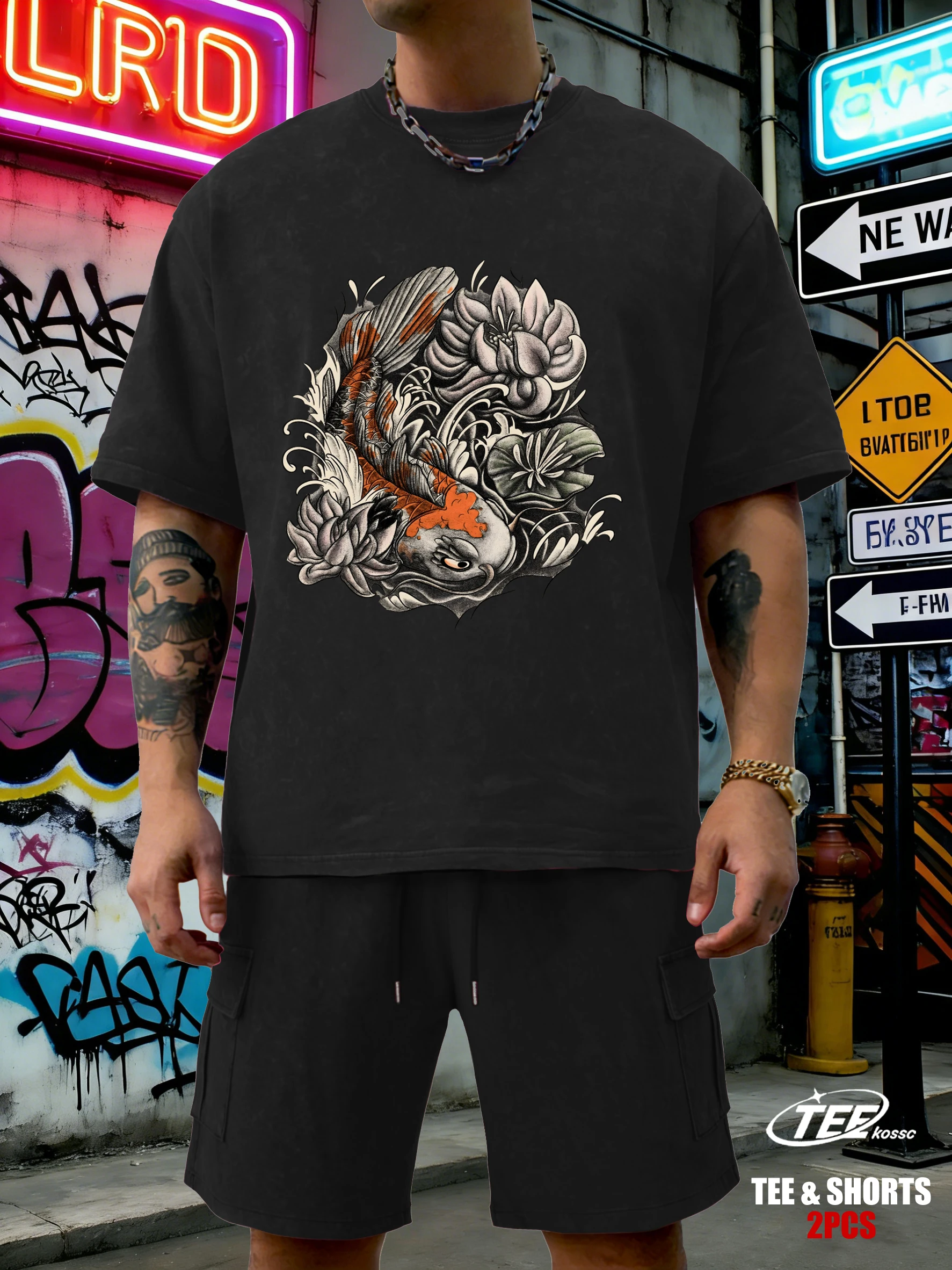 

Japanese Harajuku Lotus Koi Print Washed T-Shirts Mens Cotton Casual T Shirt Soft Summer Clothing O-Neck All-Match Shorts Set