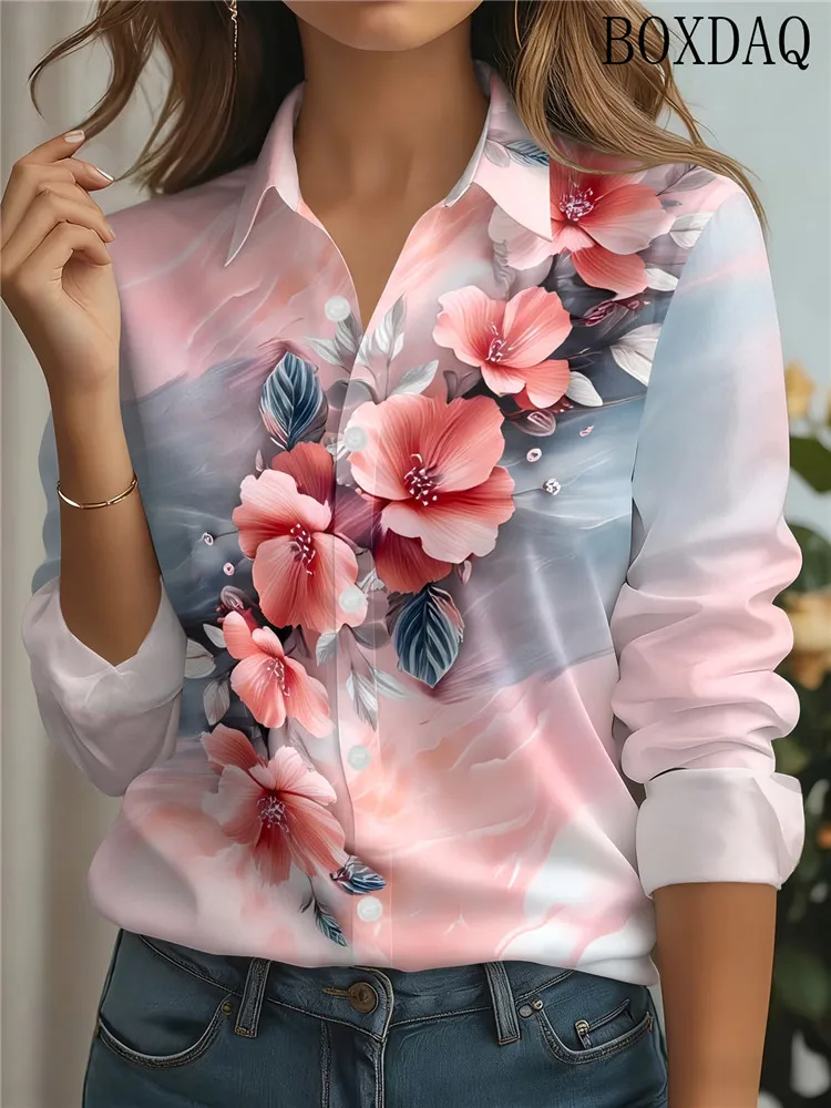 Long Sleeved Lapel Button Up Women's Blouse With Casual Flower Pattern 3D Print Elegant Ladies' Tops Autumn Loose Fit Shirts