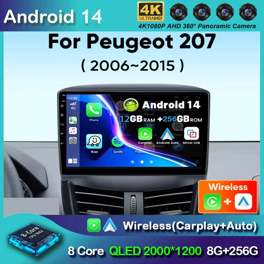 Android 14 Autoradio Per Peugeot 207 CC 207CC 2006 - 2015 Wireless Carplay Auto Stereo Lettore Multimediale GPS WiFi 4G 2 Din