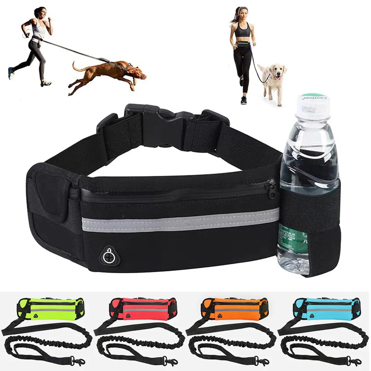 Dog Running Waist Leash Nylon Pet Leash with Waist Bag Retractable Elastic Belt Dog Traction Rope Reflective Belt Buckle