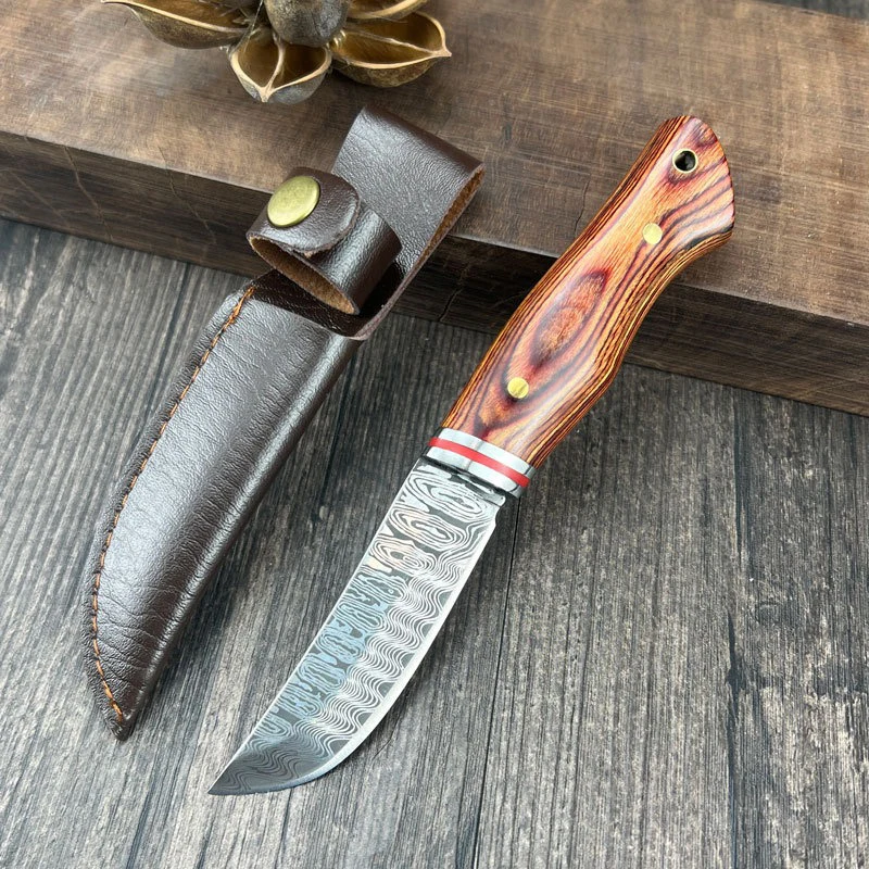 Colored Wood Handle Laser Damascus Pattern Knives Fruit Knife For Household Outdoor Survival Self-defense Sharp Straight Knife