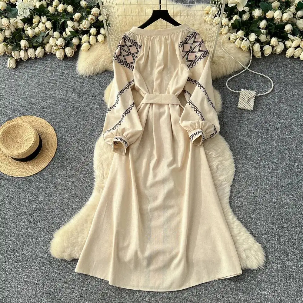 فستان أنيق عتيق بأكمام طويلة وأكمام طويلة مطبوع ملابس نسائية للخريف على الموضة الكورية الجنية الأنيقة