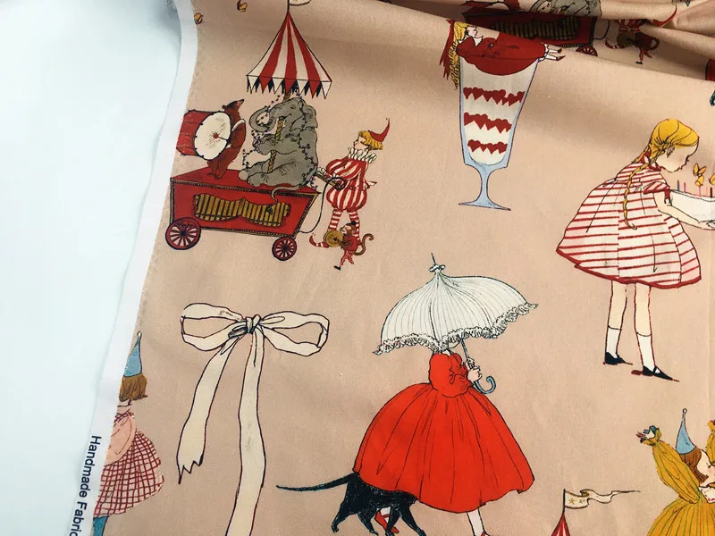 Khaki cartoon style girl circus100% Cotton Fabric Brand New Printed Sewing Cloth Dress Clothing Textile Tissue