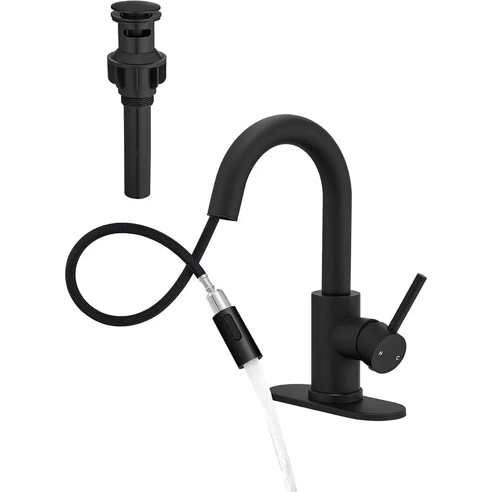 Black Bathroom Sink Faucet Pull Down Sprayer 360 Degree Rotation Single Handle RV Kitchen Faucet Soft Water Flow Easy