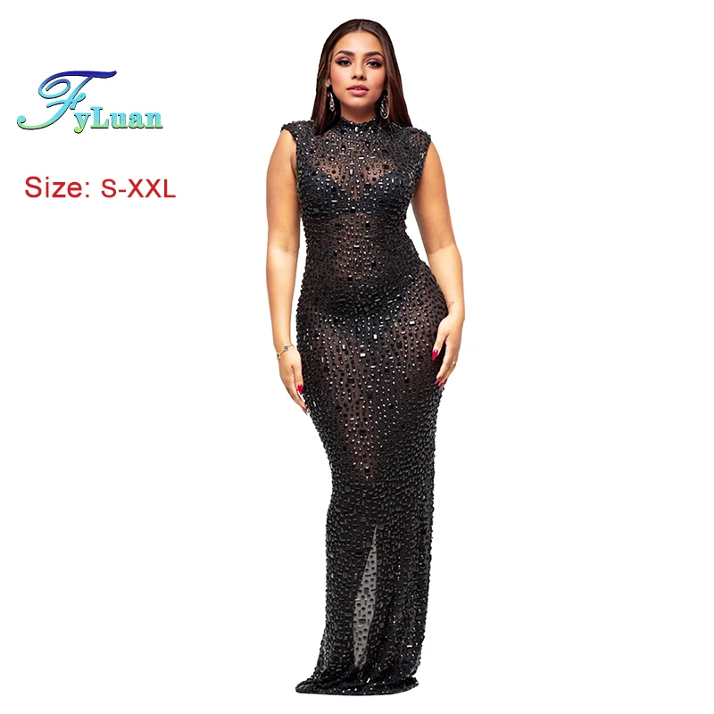 فستان FyLuan عصري بفتحة خلفية نحيف لامع بأحجار الراين بدون أكمام للنساء ملابس صيفية لحفلات الزفاف والسهرات والحفلات الراقصة #2