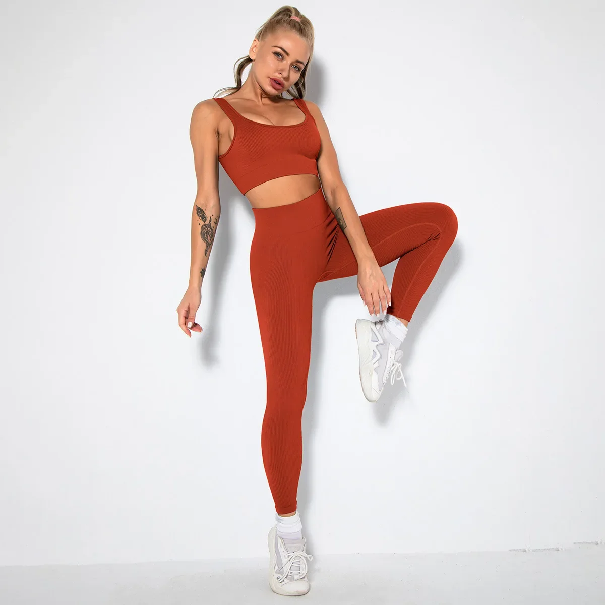 

Ribbed Seamless Clothes Bra Crop Top Leggings Sets Yoga Clothing Sets Womens Workout Gym Sportswear Fitness Knitted Sports Suit