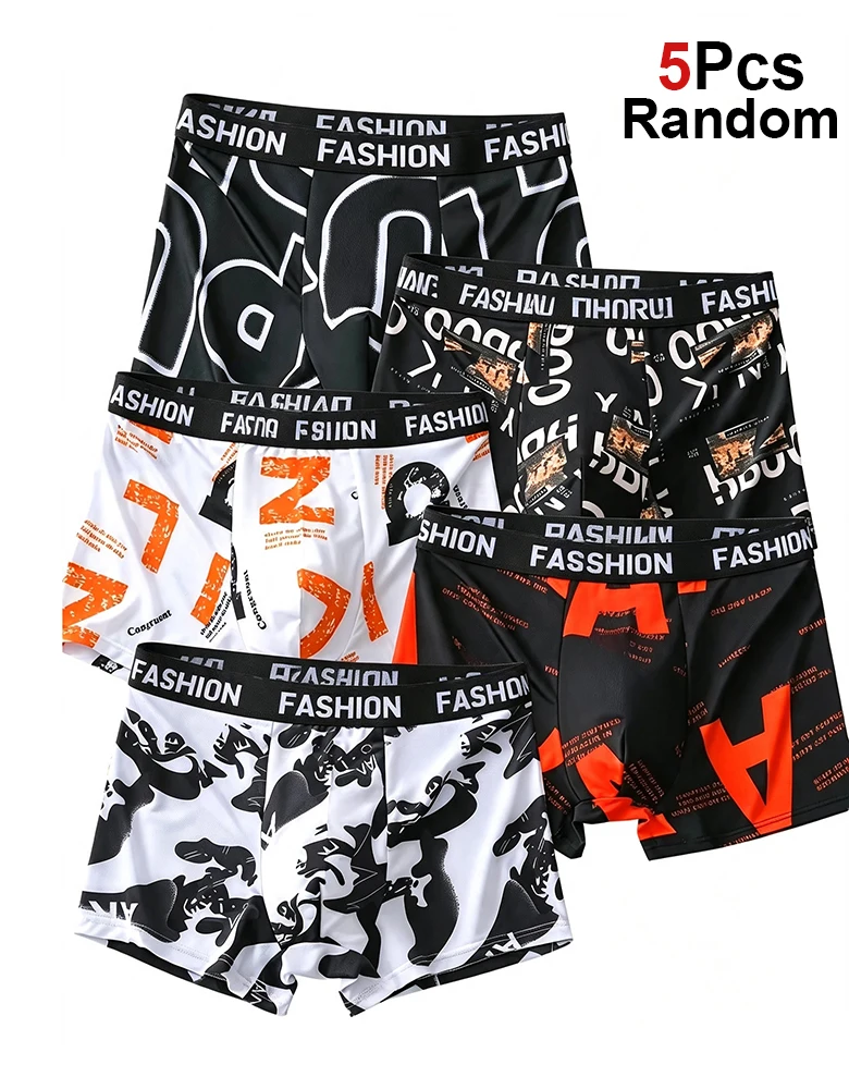 5pcs Random Men's Underwear Fashionable Printed Solid Color Men's Shorts Breathable Comfortable Quick Drying Sports Shorts