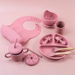 Ensemble d'alimentation en silicone pour bébé, assiette à manger ronde, bol à ventouse, vaisselle pour enfants, bavoir étanche, cuillère, ustensiles de cuisine pour enfants, 10 pièces