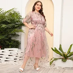 Women's L-4XL Plus Size Mesh Embroidered Banquet Party Dress Oversized Women's Fashion Clothing French Hepburn Style Dress