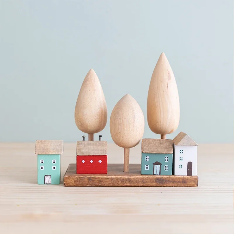 Vintage Wooden House Ornaments Table Decoration Wood Forest Architecture Desk Miniature Craft Work Home Kids Room Nursery Decor