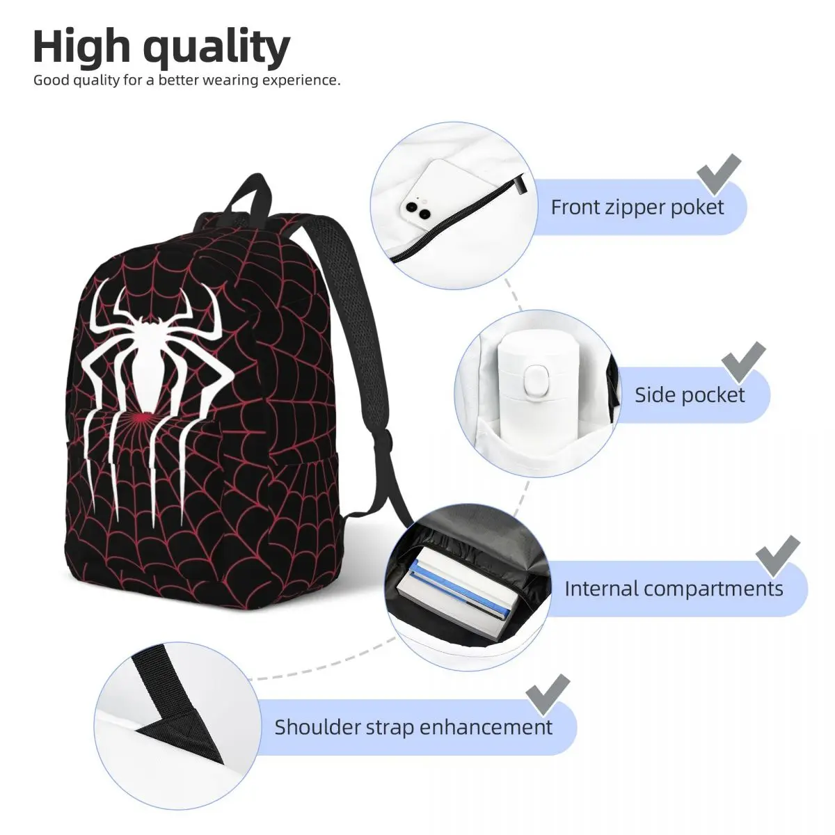 Tela de araña negra y roja para hombres y mujeres, mochila escolar para estudiantes, mochila de día, Universidad media y alta, al aire libre