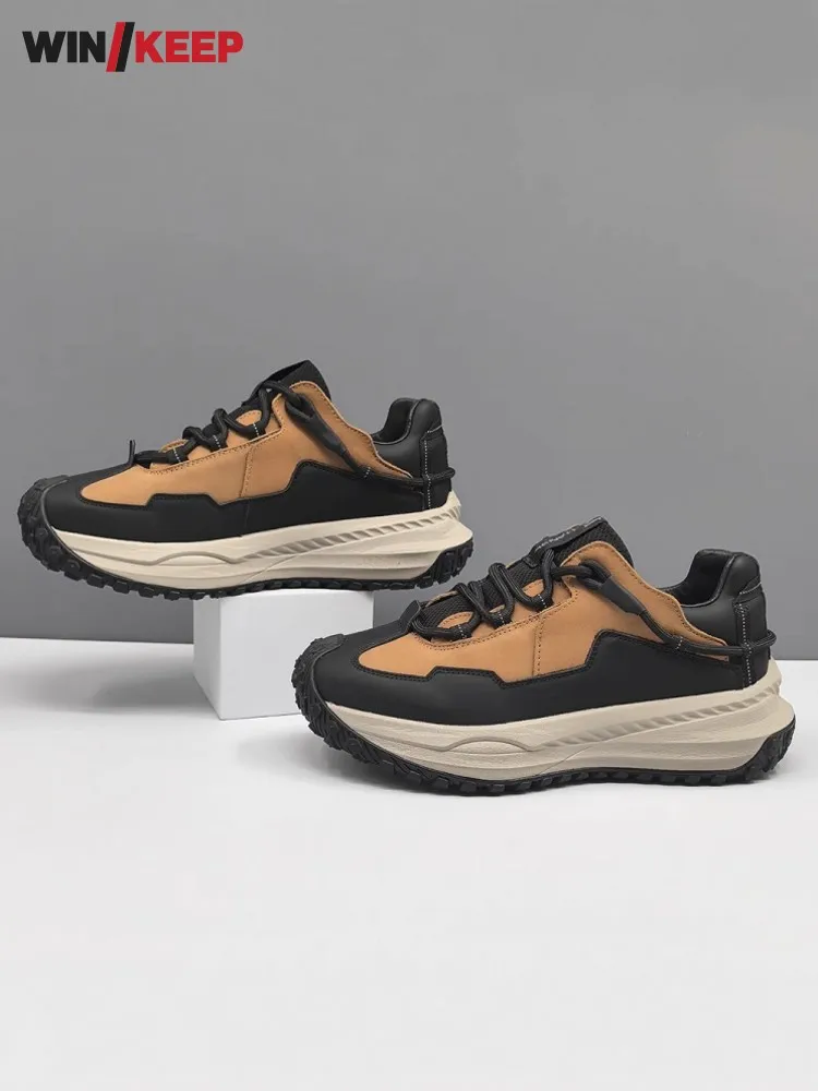 Hiking Shoes Mens Lace Up Antiskid Platform Camping Shoes Outdoor Patchwork Wear Resistant Trekking Shoes Low Cut Sport Sneakers