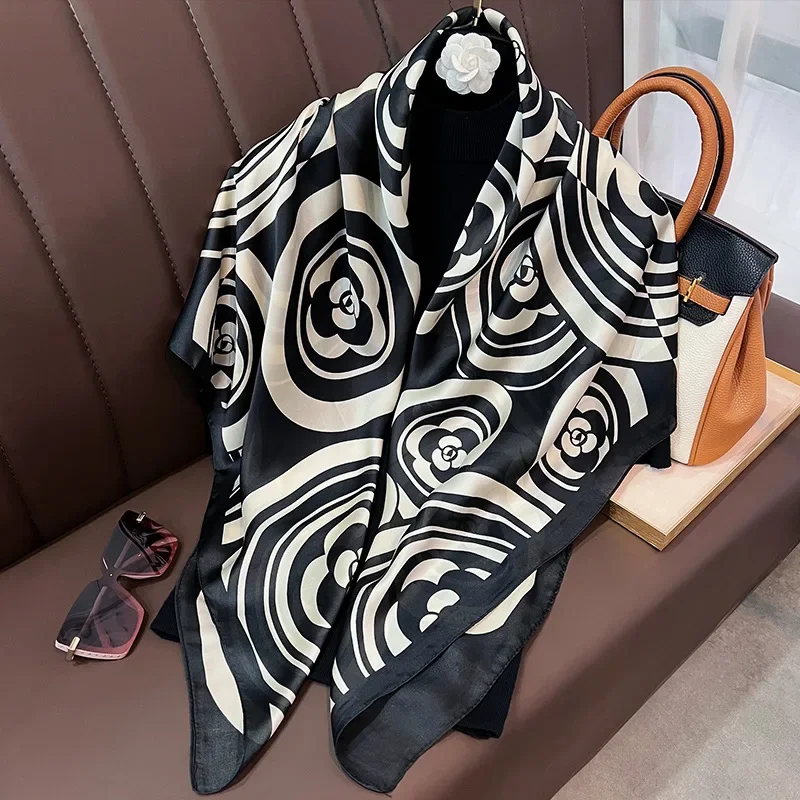 2024Spring Autumn New Luxury Silk Scarf Women Beach Large Size Soft Square Scarf Windproof Long Silky Scarf Lady Hijab 110*110cm