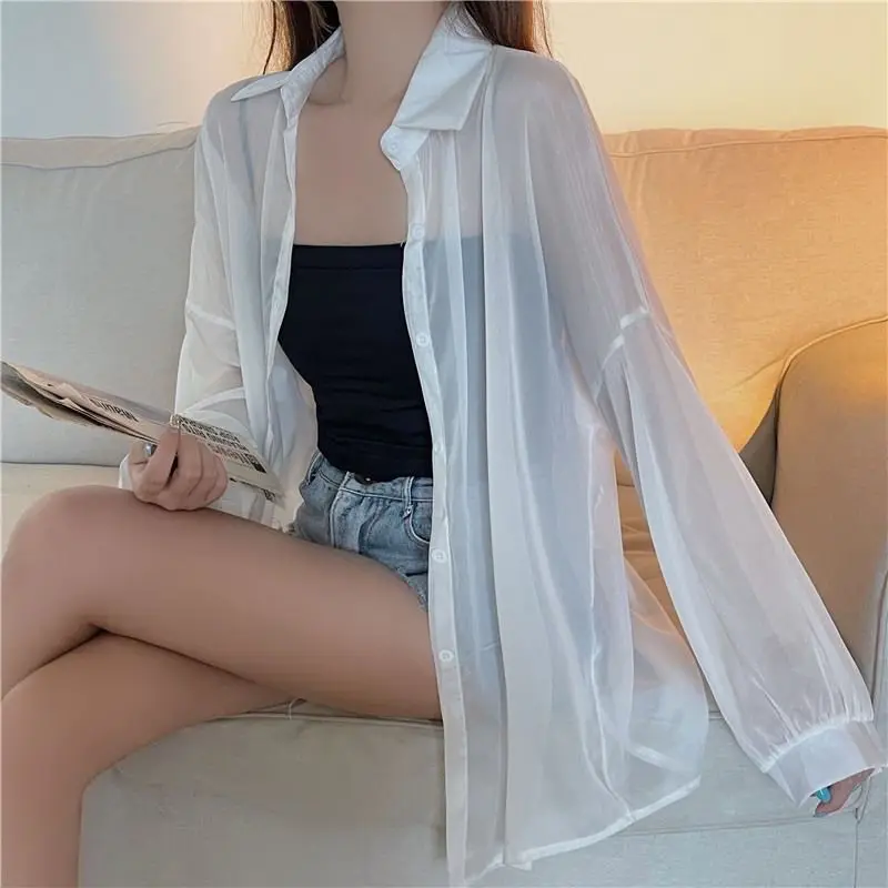 Shirt for Women Long Sleeve Top Blouse Female Chiffon Loose Summer Cardigan Thin Sexy Solid Color Casual Shirt Outerwear