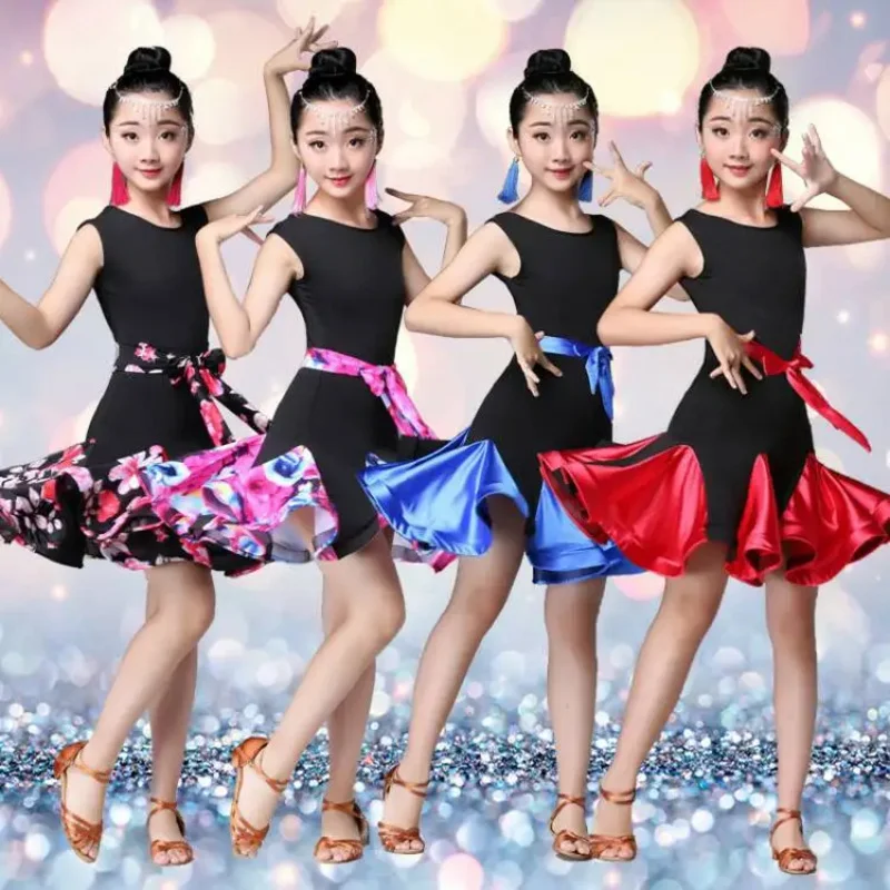 Kids Child girls Latin dance dress floral Latin dance clothes sexy salsa costume black red competition ballroom tango dresses