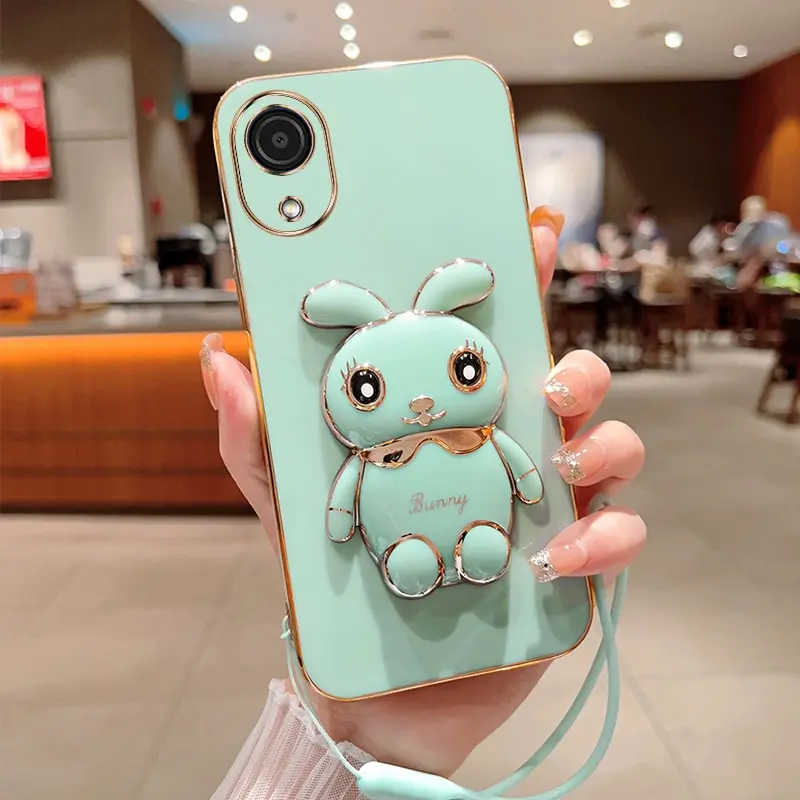 Phone Case For Samsung Galaxy A03 Core Luxury Plating Square Rabbit Holder With Landyard Phone Case Cover