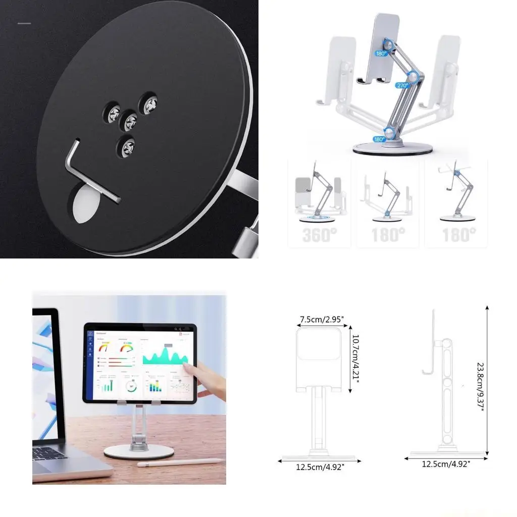 Tablet Stand Holder with Double Adjustable Arms Foldable Design Tabletop Bracket