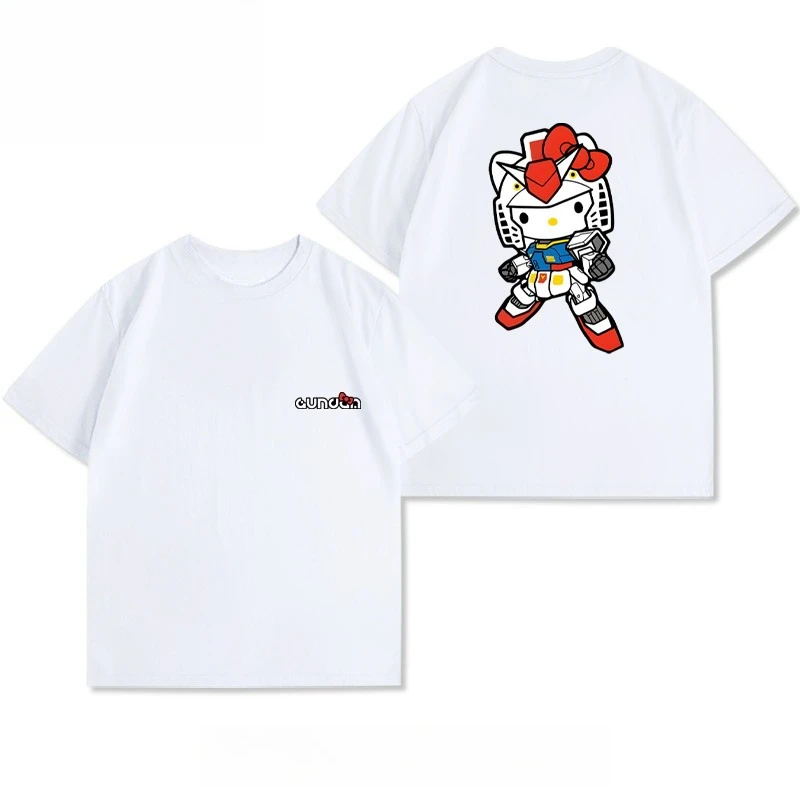 

Hello Kitty Mobile Suit Gundam Anime Cotton Summer Short Sleeve T-Shirt Men's and Women's Loose Casual Sports Popular Wear Top