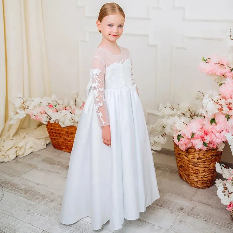 Flower Girl Dresses Princess Dress White Satin Appliques With Bow Long Sleeve For Wedding Birthday Party Banquet Princess Gowns