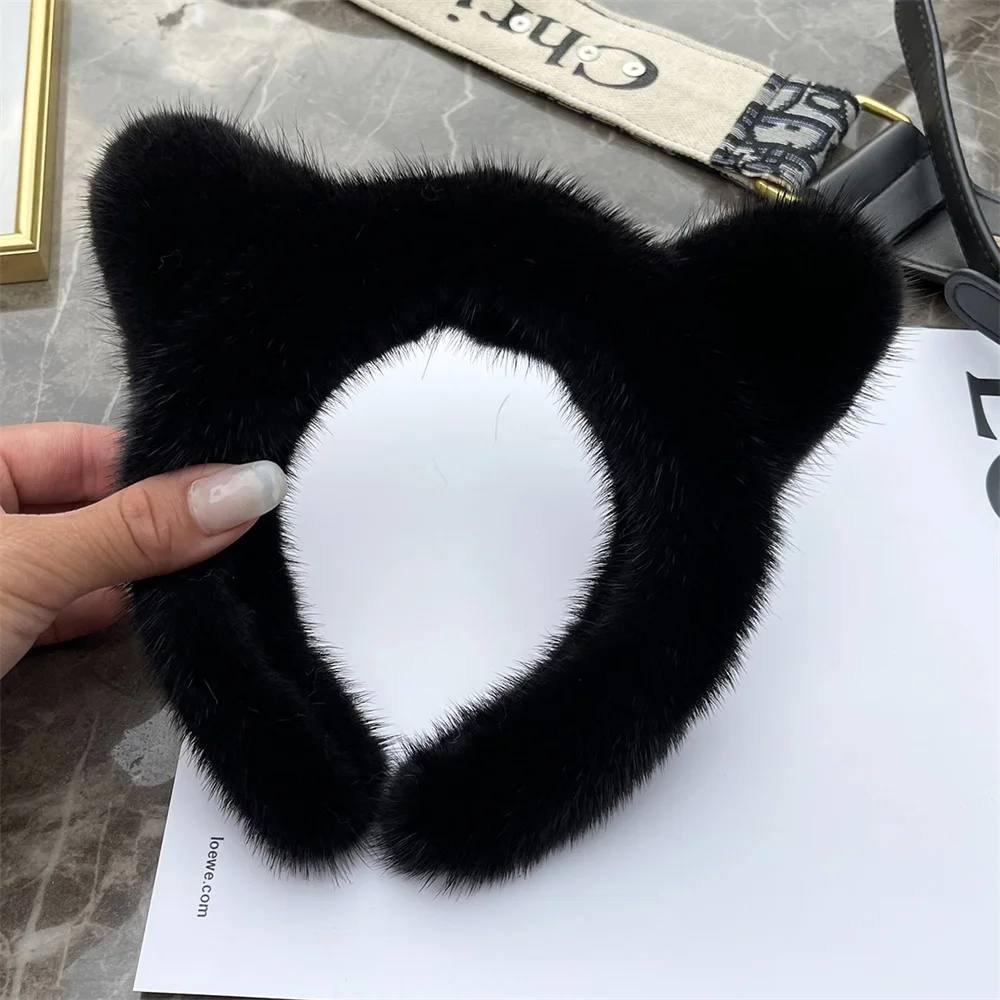 Cute Cat Ears Headband Woman Hair Accessories Luxury Mink Fur Headband Sweet Solid Color Soft Hairband Women For Washing Face