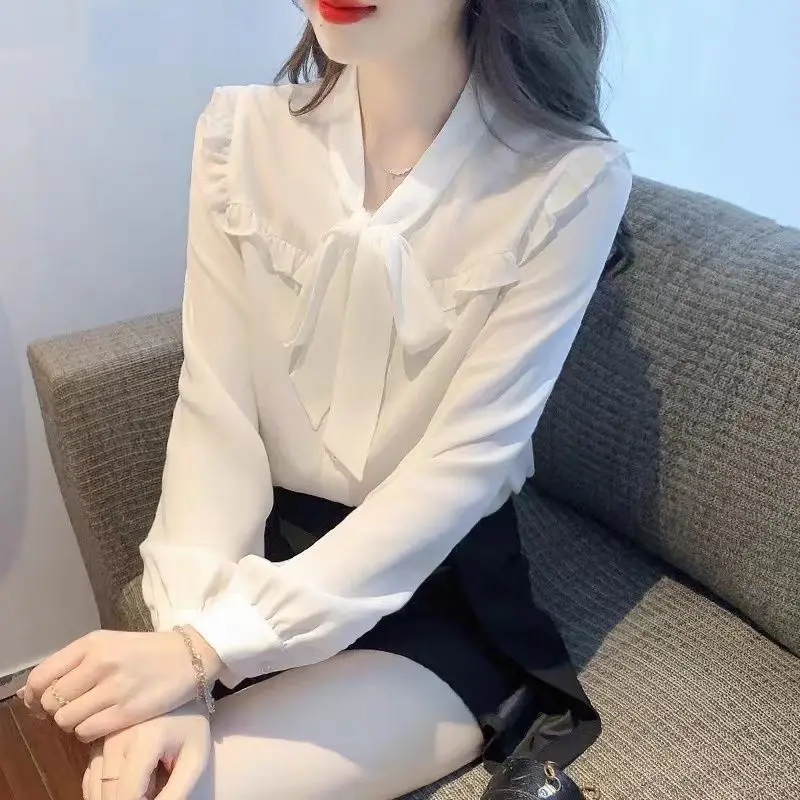 French Chiffon Shirt Women's New White Bow High-end Chic Beautiful Western-style Small Shirt