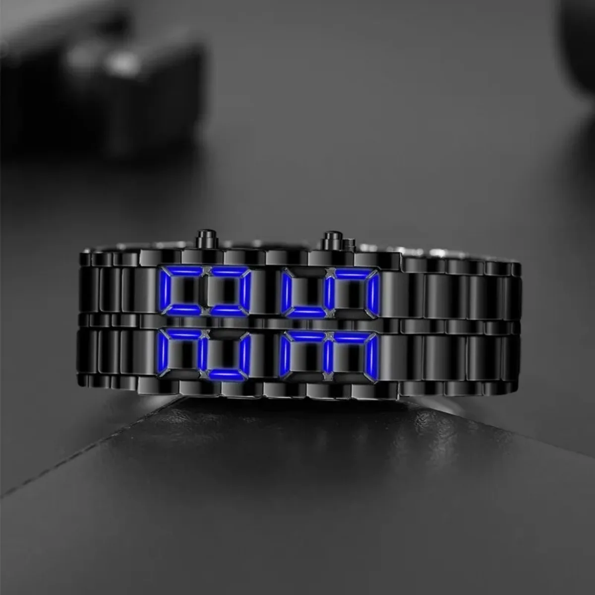 1PC Men\'s Full Metal Digital Watch Set Blue LED Display Black Necklace Watch Ideal Choice for Gifts Fashion