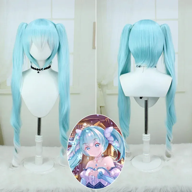 アニメコミックボーカロイド雪ミクライトブルーグラデーションウィッグロールプレイロングヘアクリップ付きポニーテールコスチュームnm31