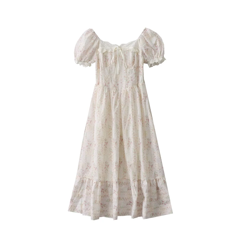 Sweet French Retro Gentle Style Lace Spliced Embroidery Long Dresses Women's Summer Puff Short-sleeved Floral Bow Lace Up Dress