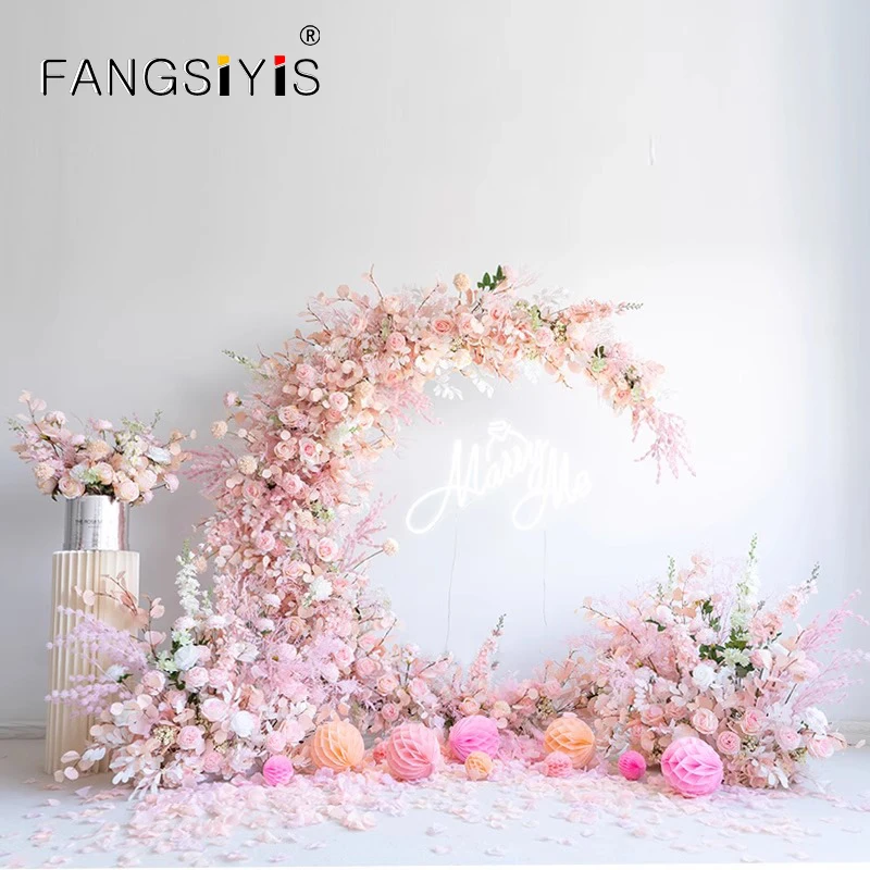 

Luxury Pink New Pattern Moon Shape Arch Add Artificial Rose Flower Row Wedding Backdrop Decor Floral Stand Party Road Lead Flowe