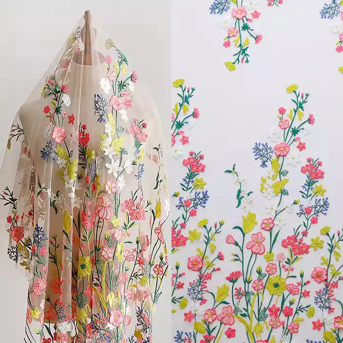 

1yard High quality mesh fabrics Flower Fairy 3D Embroidery tissu Dress skirt dress accessories material