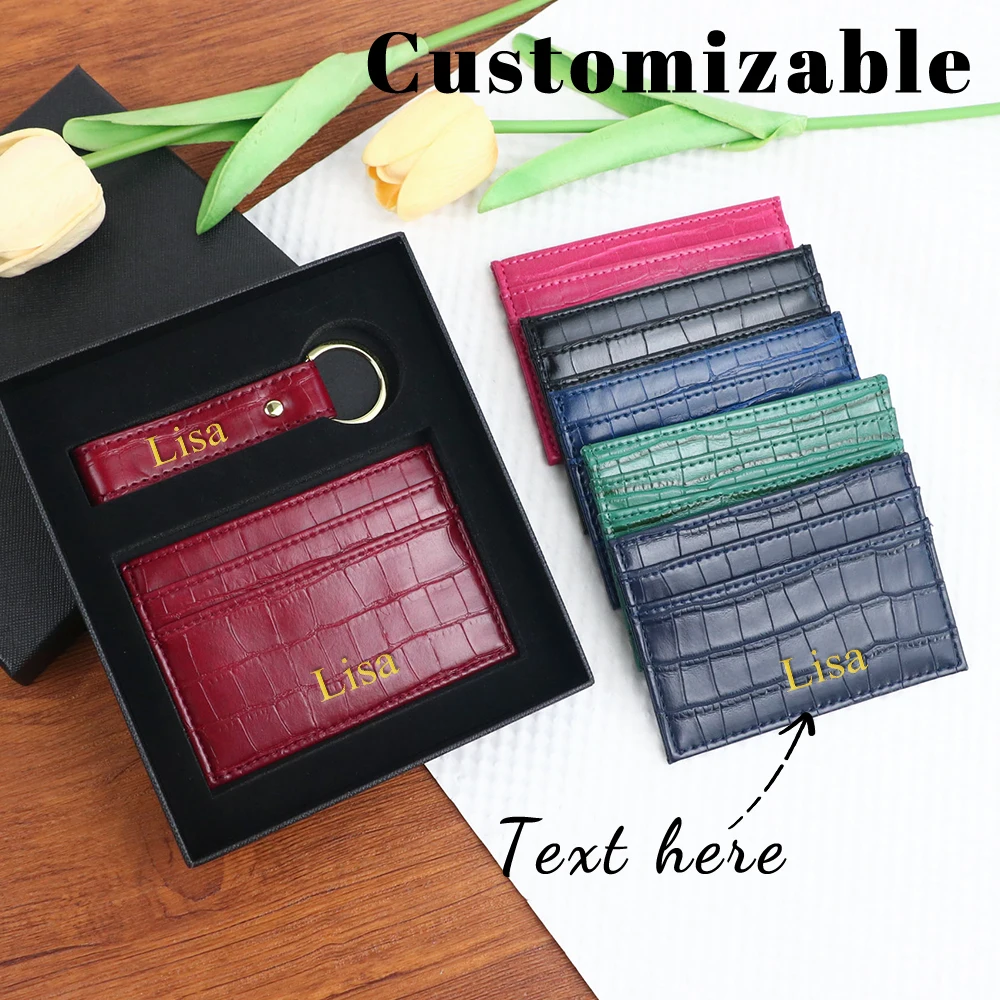 Customized name 1 set, crocodile-patterned PU leather fashionable short wallet, Christmas birthday gift box, car keychain cover