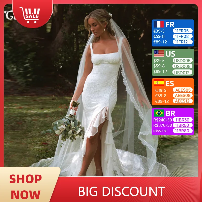 

Rustic Wedding Dress for Women 2025 Bride Mermaid Square Neck Slit Ruffles Chiffon Lace Sexy Boho Bridal Gowns Customized