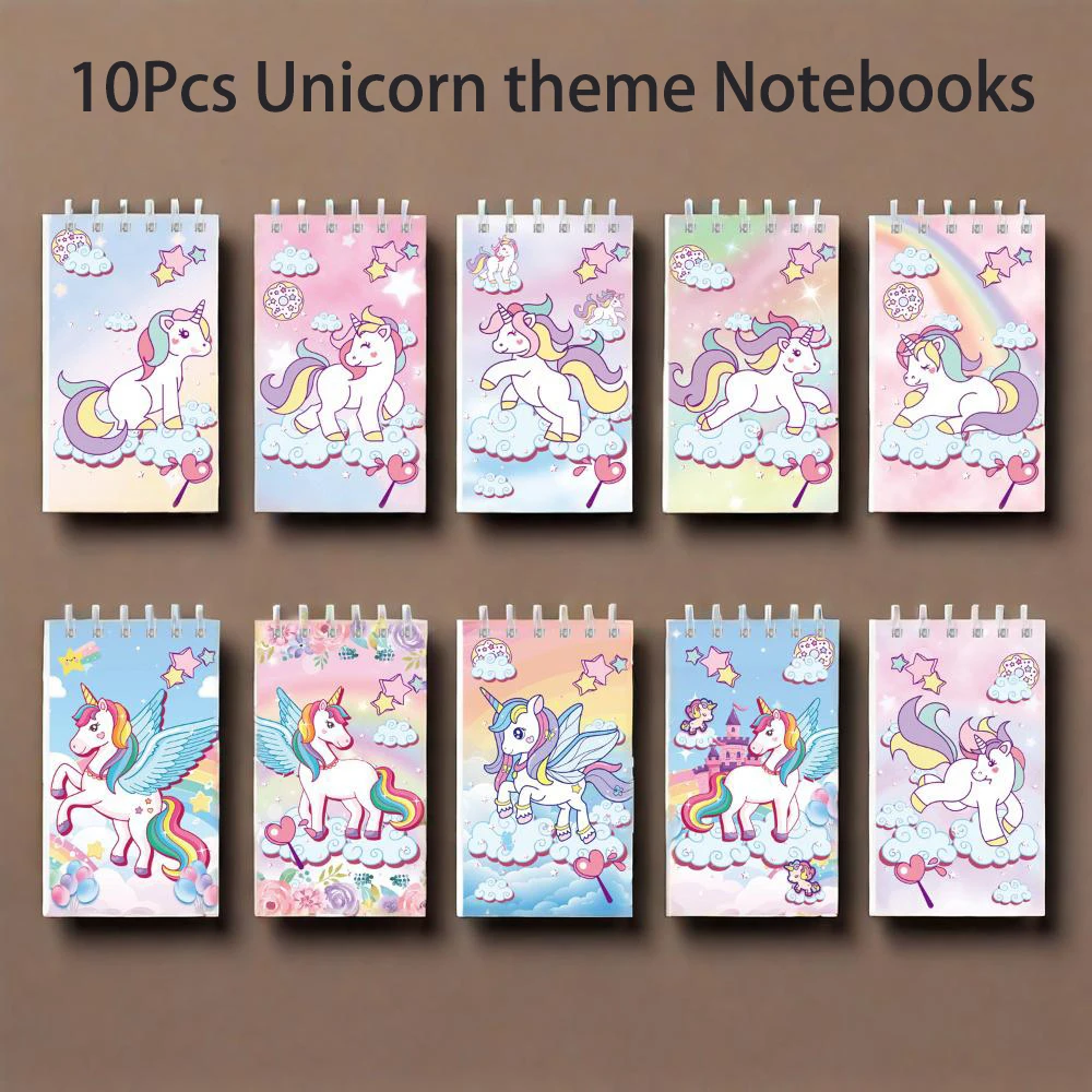 10Pcs Cartoon Rainbow Unicorn Theme Portable Coil Notebook Mini Notepad for Kids Birthday Party Favors Back To School Rewards