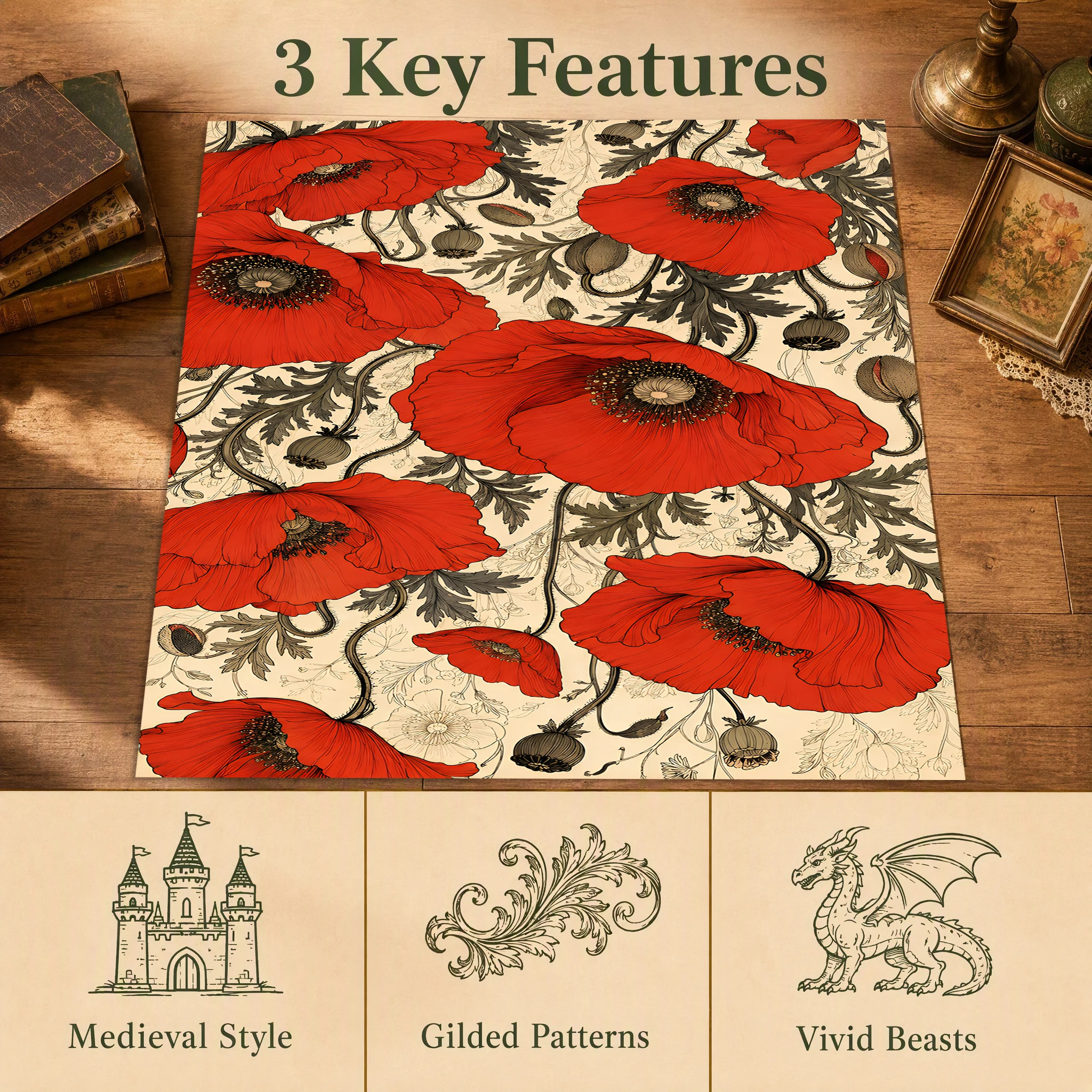 Velvet Rug Scarlet Poppy Flower All over Retro Pastoral for Living Room Bedroom Home Decor