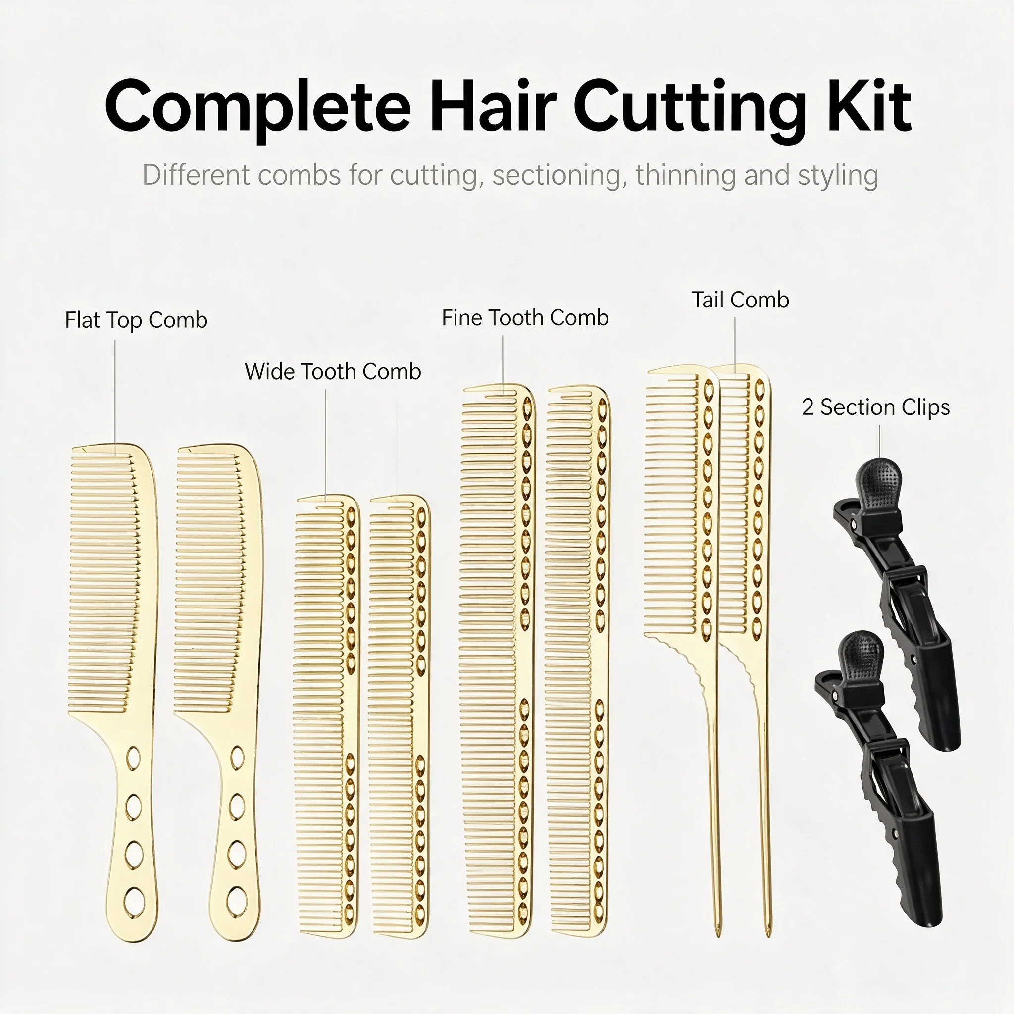 Professional Gold Aluminum Hair Combs Set, Hollow Lightweight Anti-Static Heat Resistant Cutting Combs with Hair Sectioning Clips, Barbershop Hair Styling Supplies