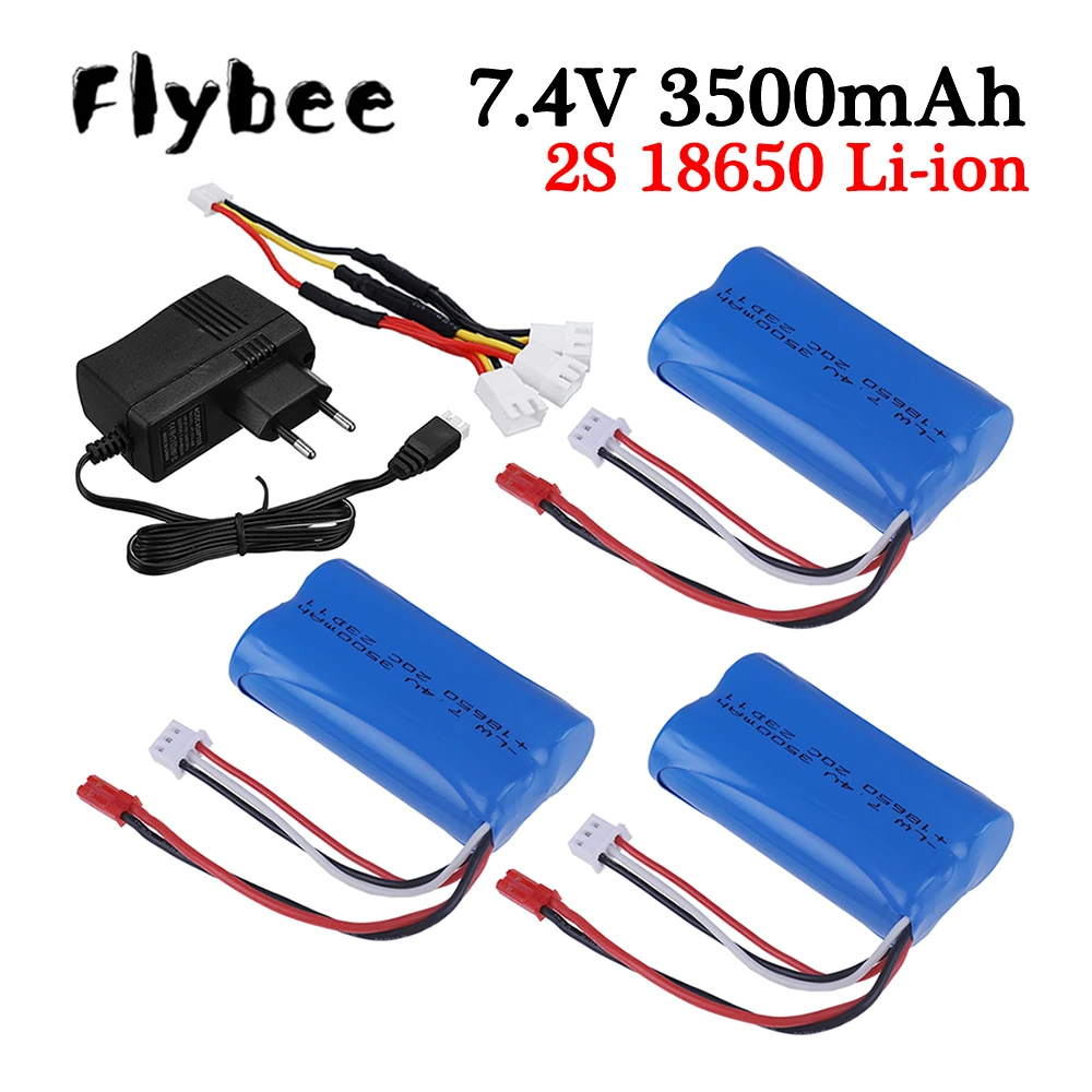 Bateria Li-ion com JST Plug e carregador, atualizado, 3000mAh a 3500mAh, 7.4V, 18650, apto para RC Racing Truck, brinquedos elétricos, bateria de backup