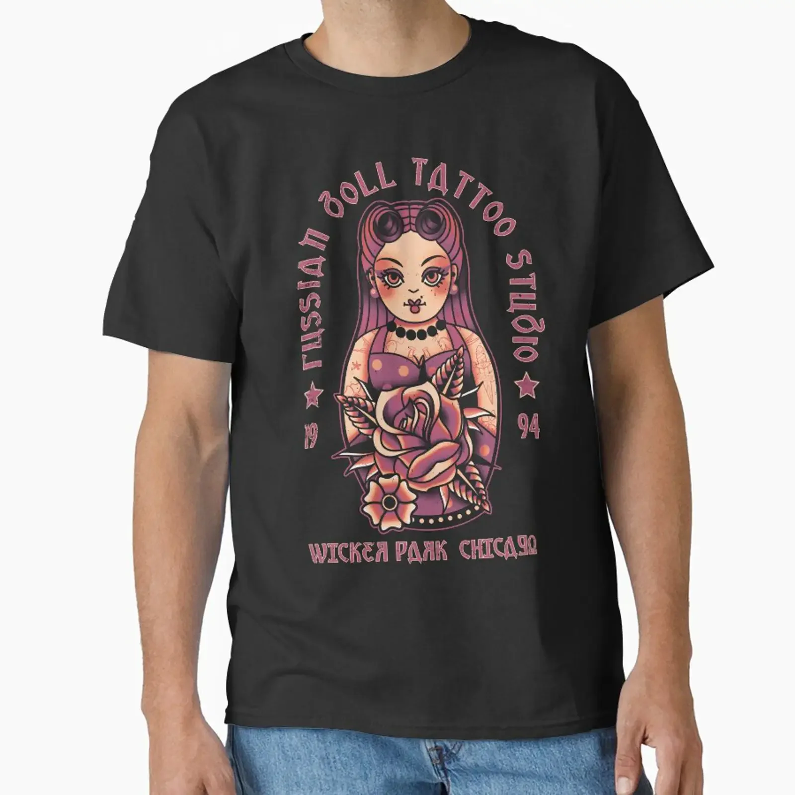 Russian Doll Tattoo Studio Design Wicker Park Chicago Classic T Shirt vintage Washed Top For Everyday Wear Stylish Stretched