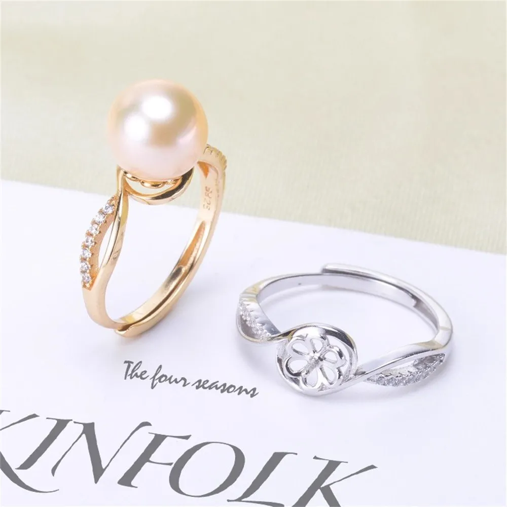 

S925 Silver Sterling Ring Inlaid Zirconia Half Hole Pearl Ring Base Resizable Design DIY Handmade Fine Jewelry Ring Accessories