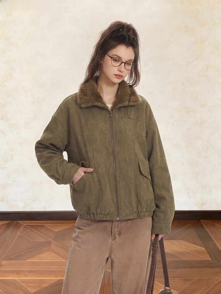 

Retro American ALL MY Women's Cotton Jacket with Fur Collar Zipper Warm Cotton Filled Modern Workwear Style Long Sleeve Coat