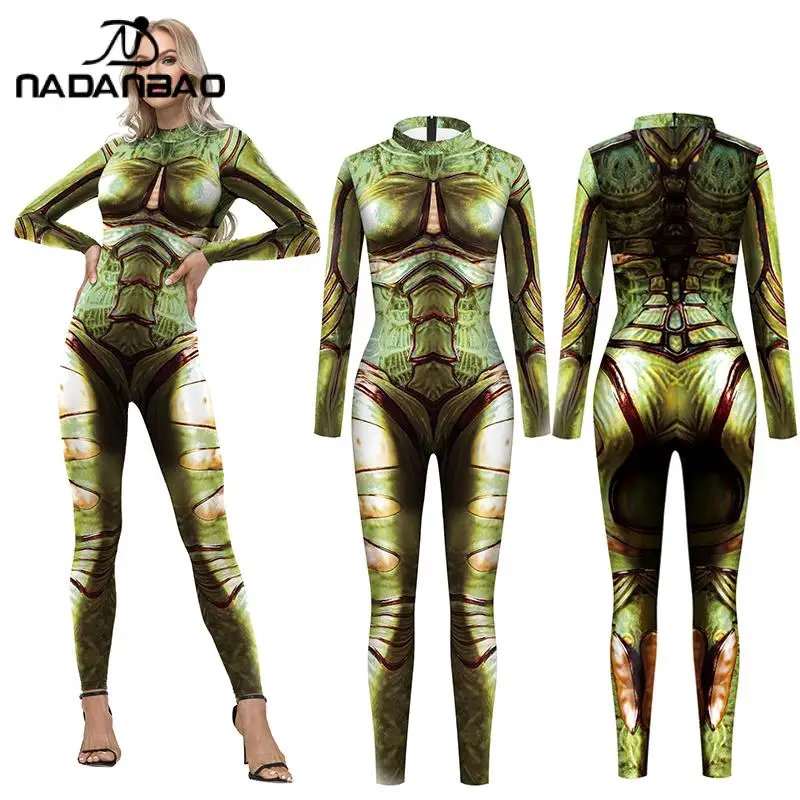 Nadanbao Women Moth Cosplay Jumpsuit 3D Print Green Bodysuit Sexy Long Sleeves Slim Animal Zentai Halloween Funny Party Costume