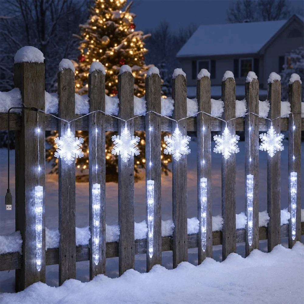 Icicle and Snowflake Shapes Christmas LED Curtain Lights Waterproof Romantic Xmas String Lights USB Powered Durable Wiring